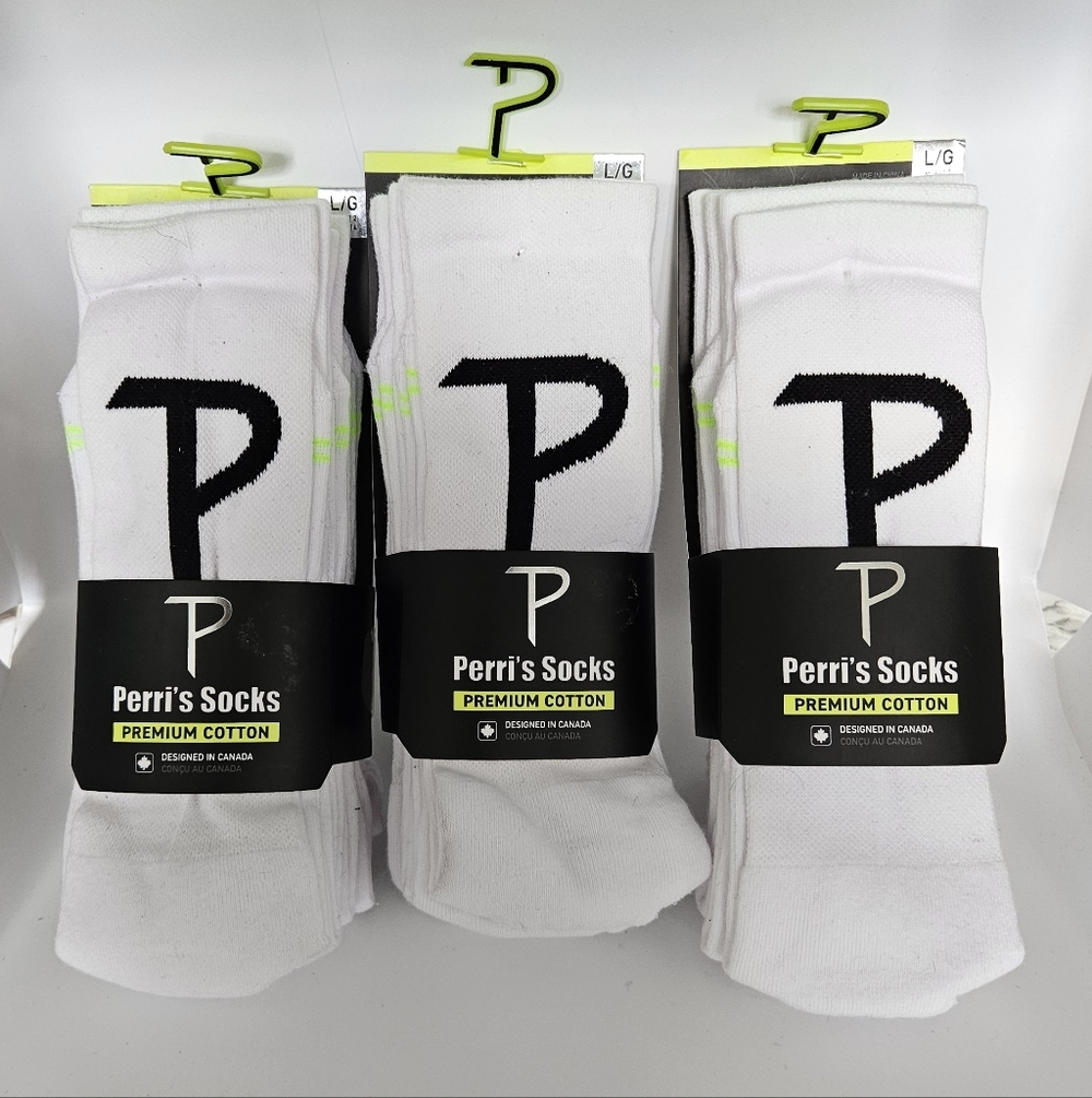 Perri’s Premium Cotton White Crew Socks (9-Pack) – Size L/G – Designed in Canada